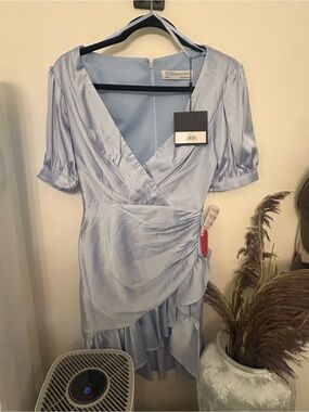 Mac Duggal size 0 Light Blue Wrap-Style Satin Dress brand new!